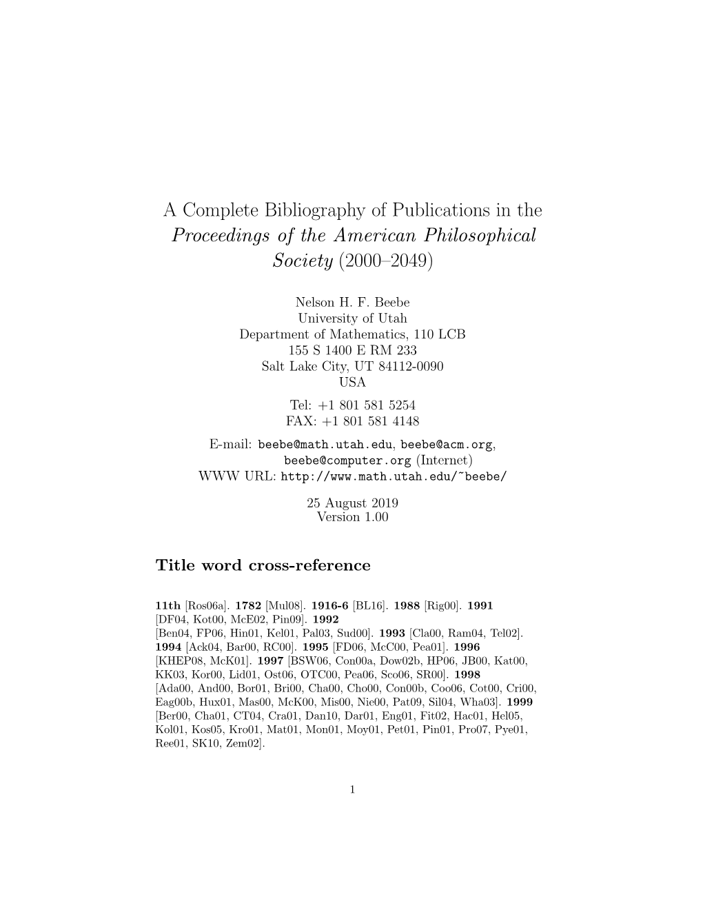 A Complete Bibliography of Publications in the Proceedings of the American Philosophical Society (2000–2049)