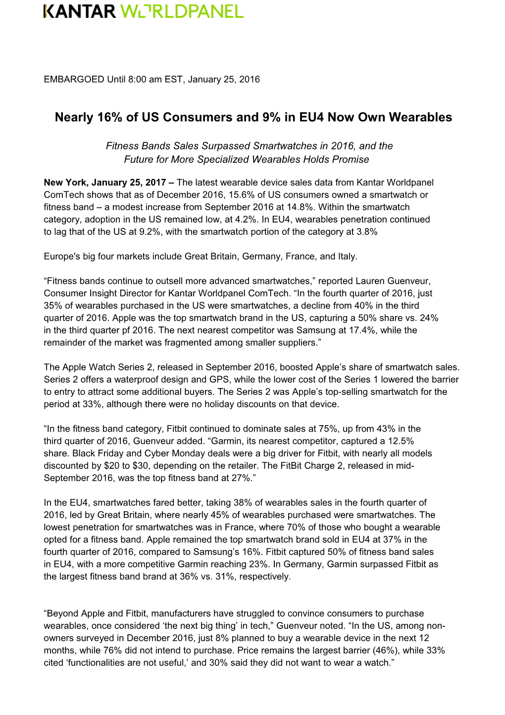 Nearly 16% of US Consumers and 9% in EU4 Now Own Wearables