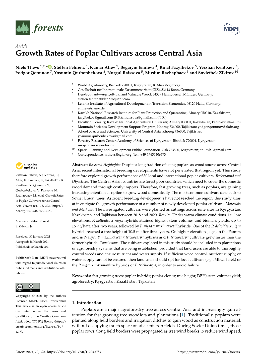 Growth Rates of Poplar Cultivars Across Central Asia