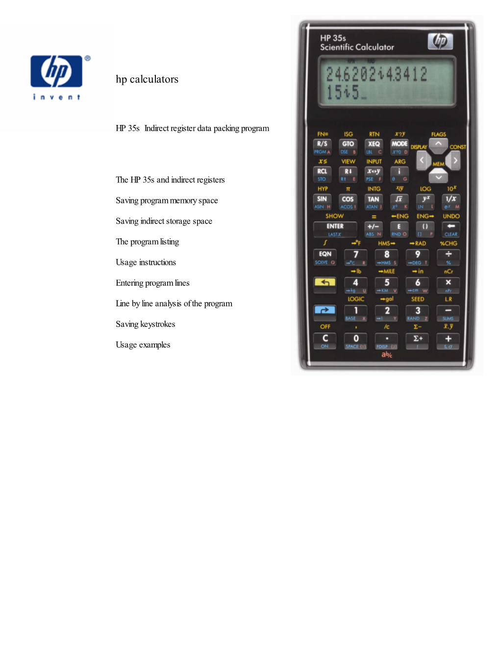 HP 35S Indirect Register Data Packing Program