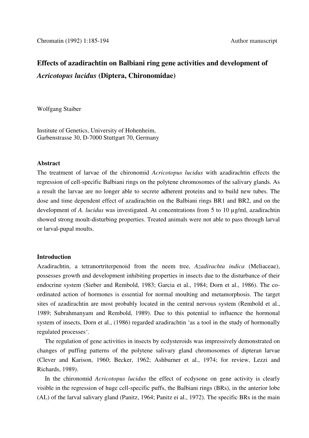 Effects of Azadirachtin on Balbiani Ring Gene Activities and Development of Acricotopus Lucidus (Diptera, Chironomidae)