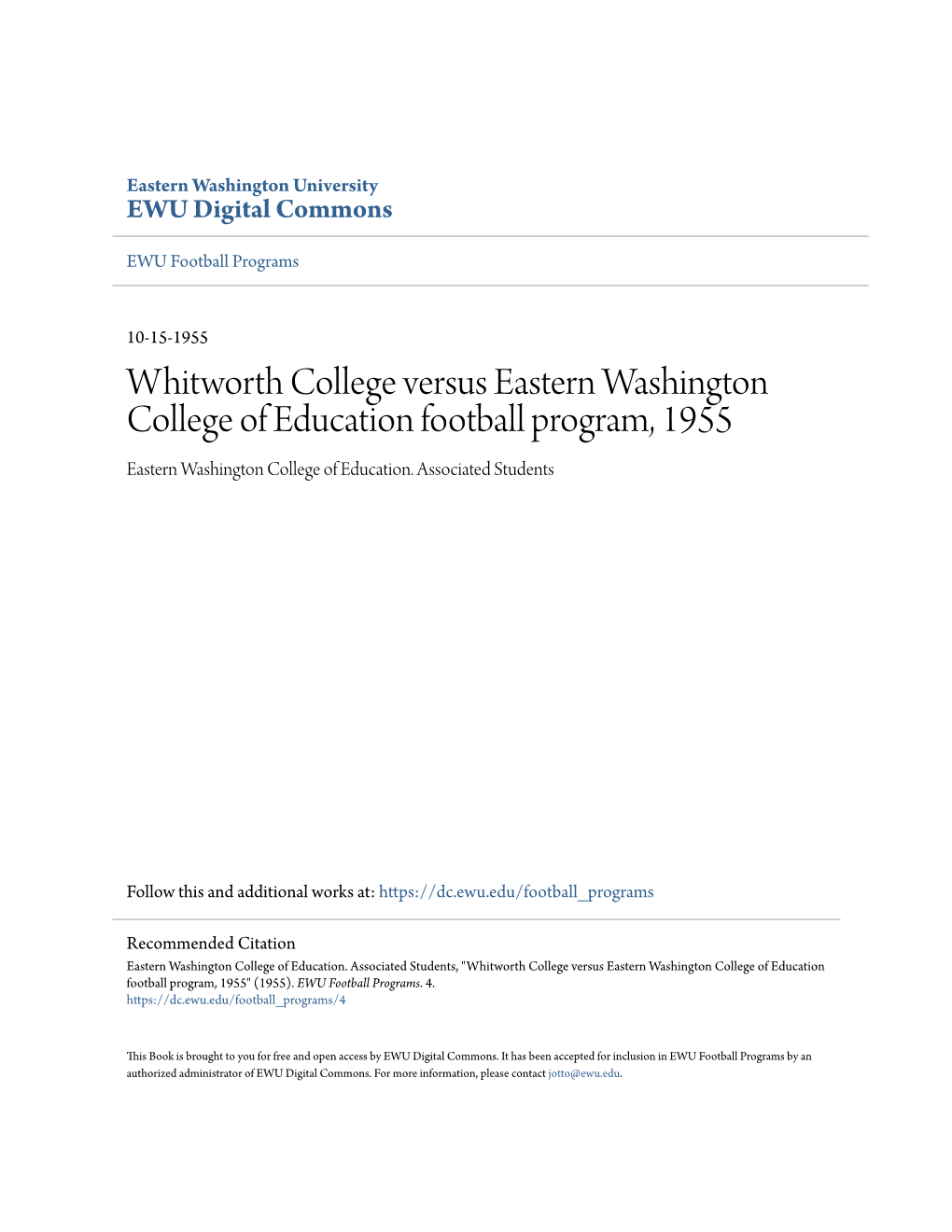 Whitworth College Versus Eastern Washington College of Education Football Program, 1955 Eastern Washington College of Education