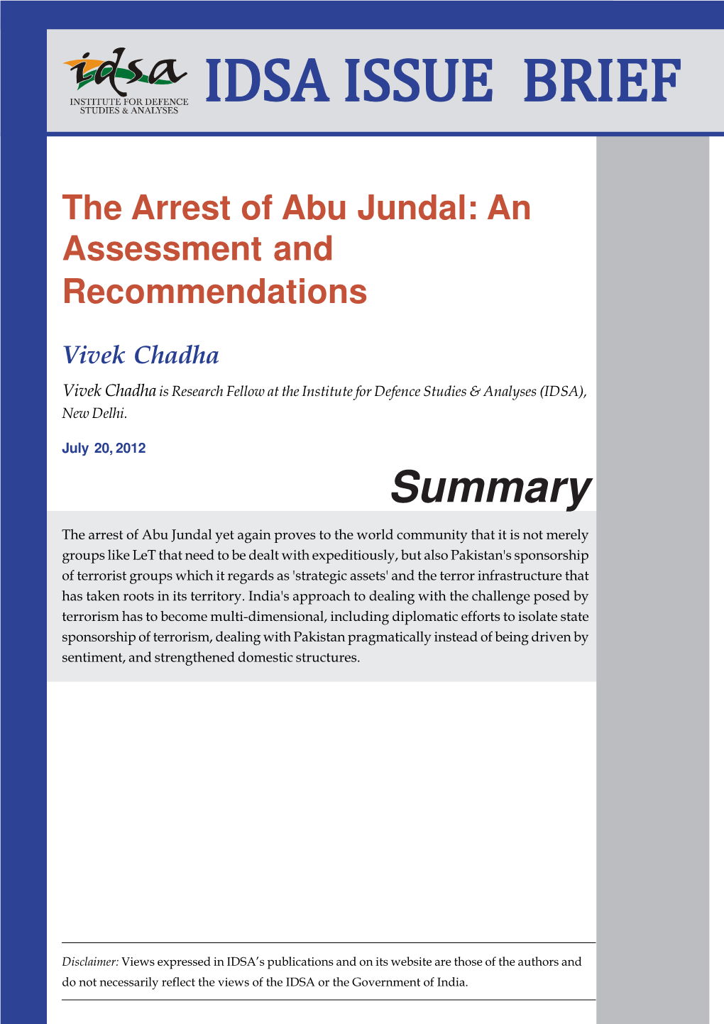 The Arrest of Abu Jundal: an Assessment and Recommendations