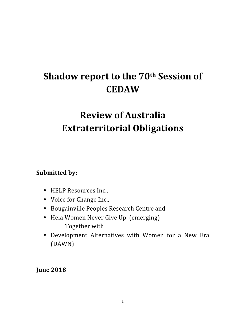 Shadow Report to the 70Th Session of CEDAW Review of Australia