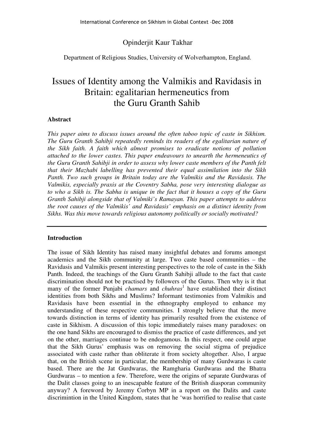 Issues of Identity Among the Valmikis and Ravidasis in Britain: Egalitarian Hermeneutics from the Guru Granth Sahib