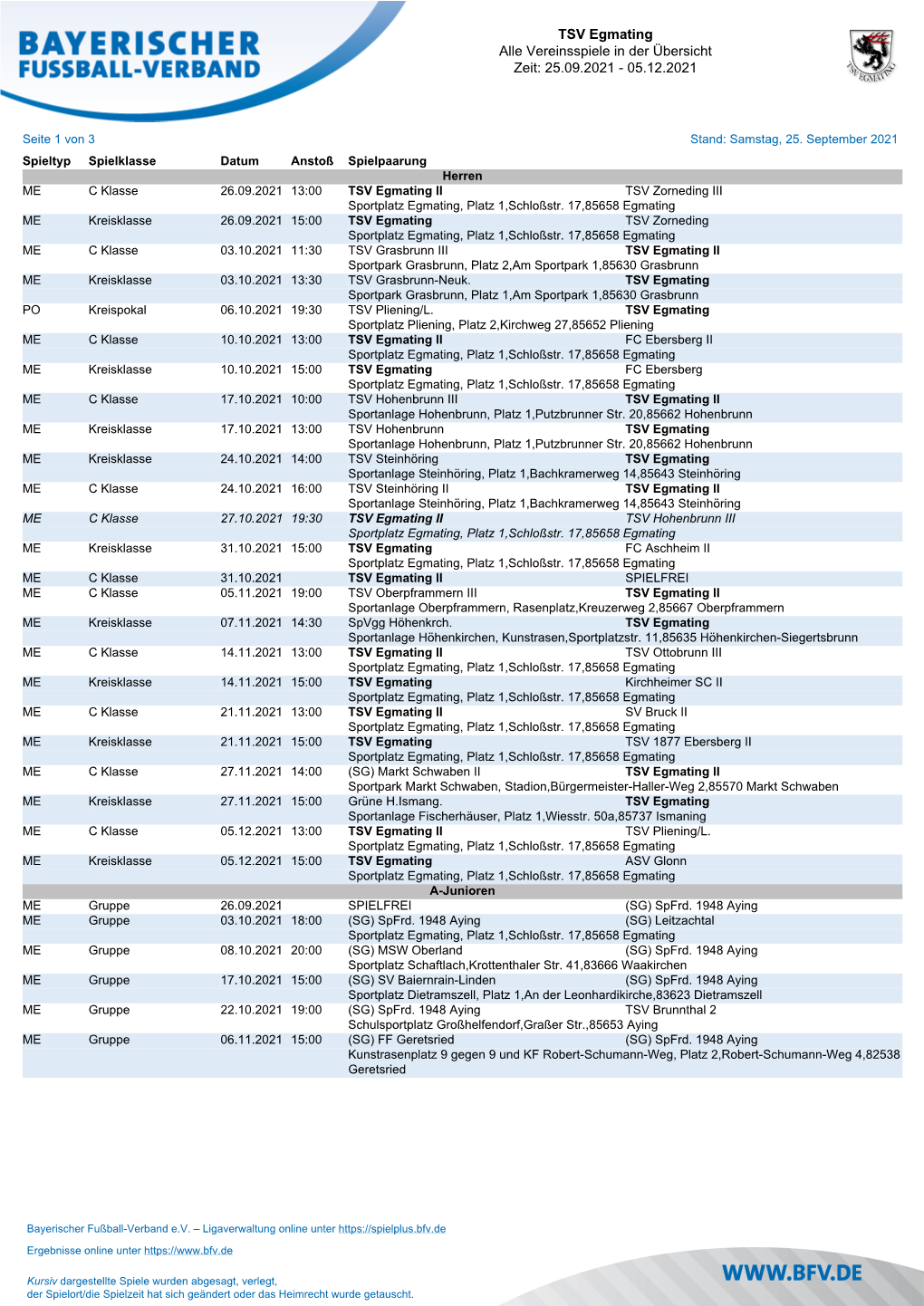 TSV Egmating Alle Vereinsspiele in Der Übersicht Zeit: 08.09.2021