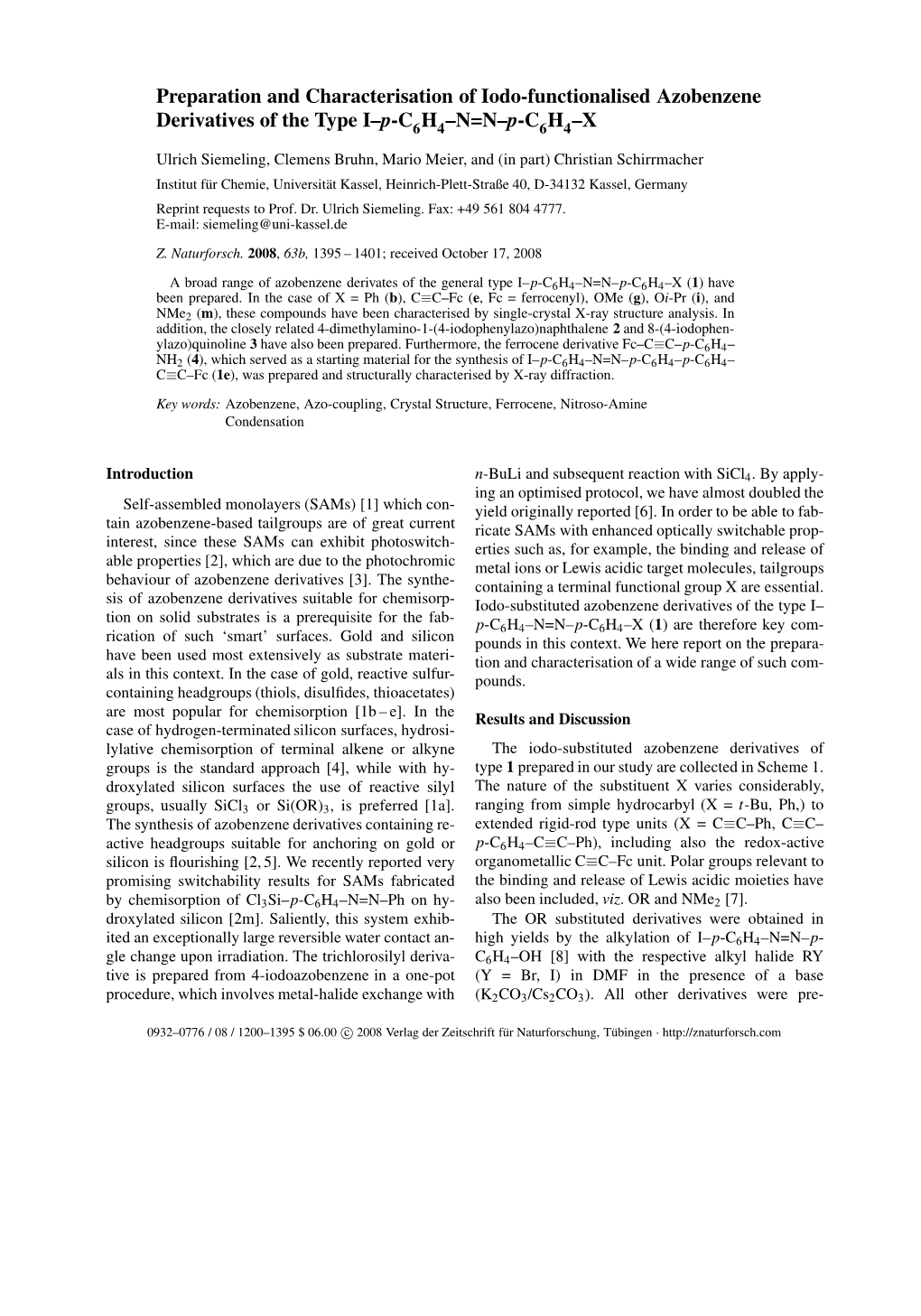 Preparation and Characterisation of Iodo-Functionalised Azobenzene