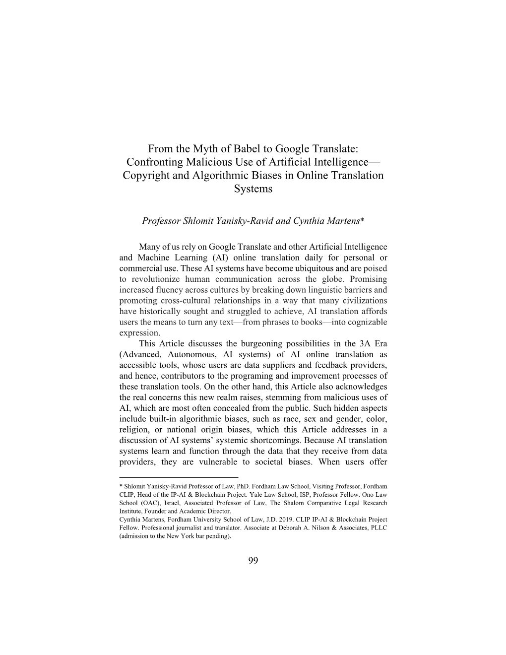 From the Myth of Babel to Google Translate: Confronting Malicious Use of Artificial Intelligence— Copyright and Algorithmic Biases in Online Translation Systems