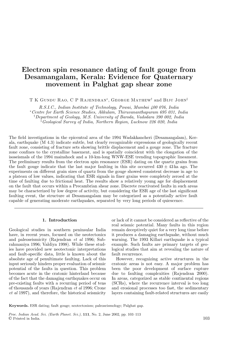 Electron Spin Resonance Dating of Fault Gouge from Desamangalam, Kerala: Evidence for Quaternary Movement in Palghat Gap Shear Zone