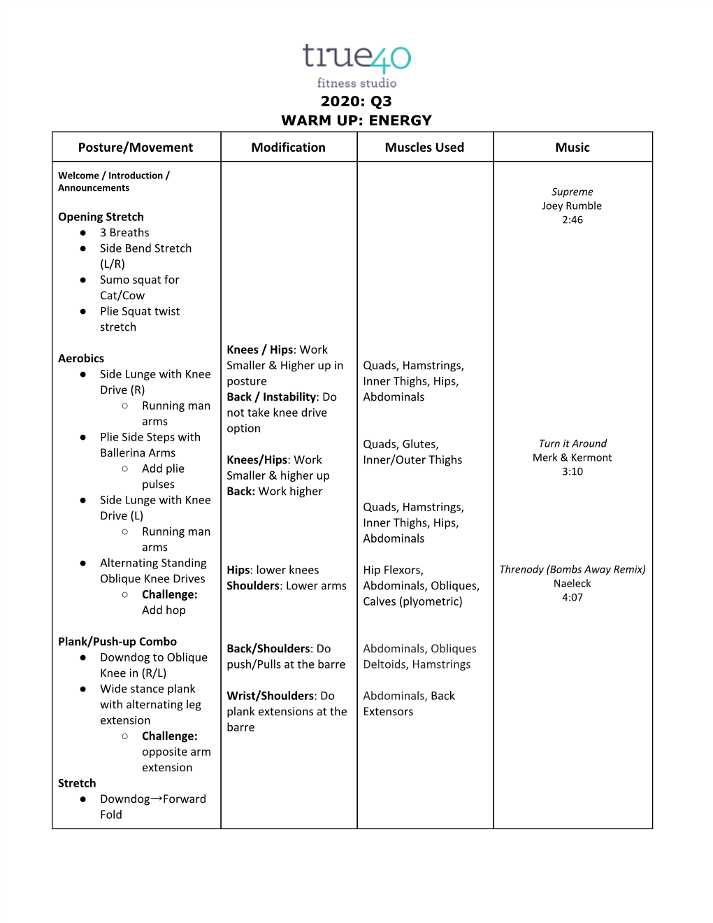 2020: Q3 WARM UP: ENERGY Posture/Movement Modification Muscles Used Music