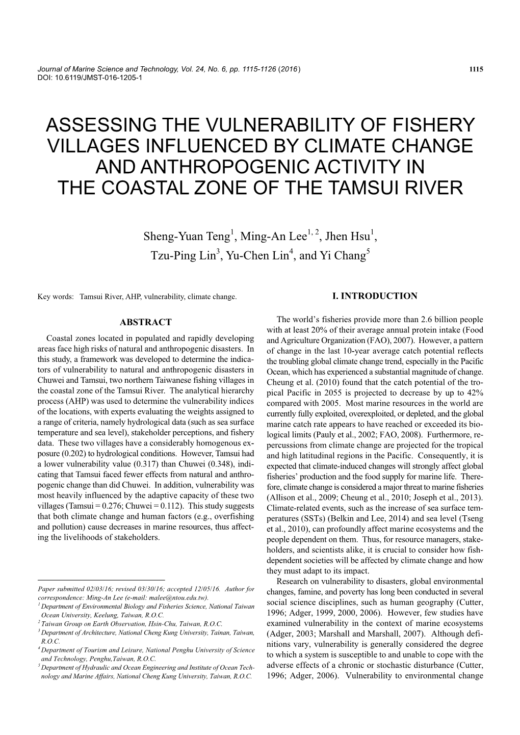 Assessing the Vulnerability of Fishery Villages Influenced by Climate Change and Anthropogenic Activity in the Coastal Zone of the Tamsui River