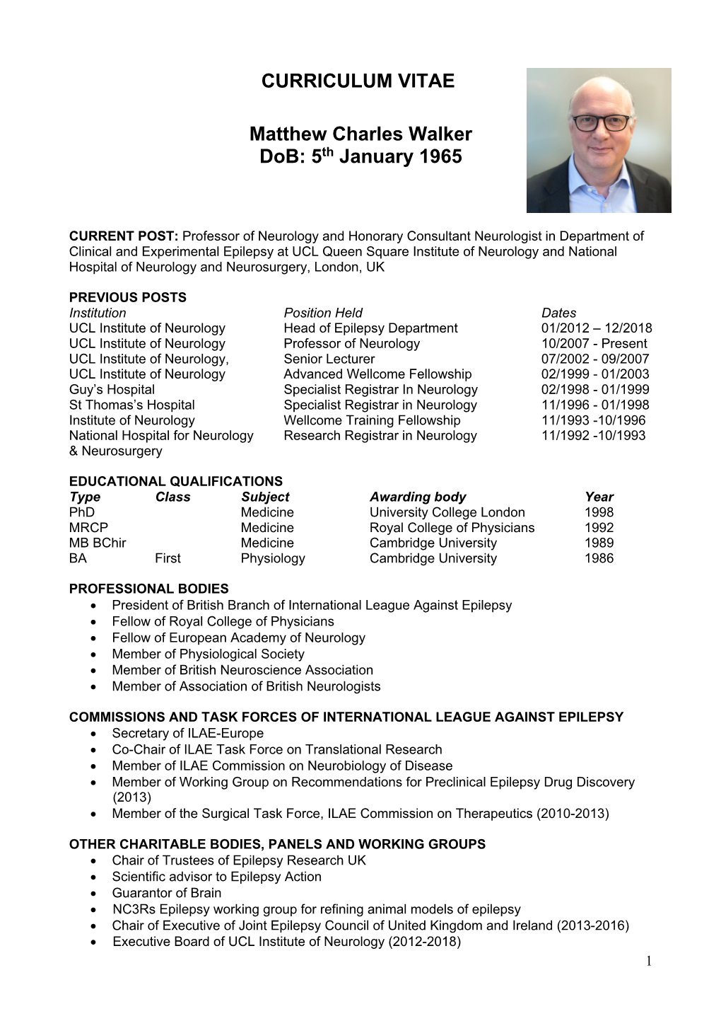 CURRICULUM VITAE Matthew Charles Walker Dob: 5Th January