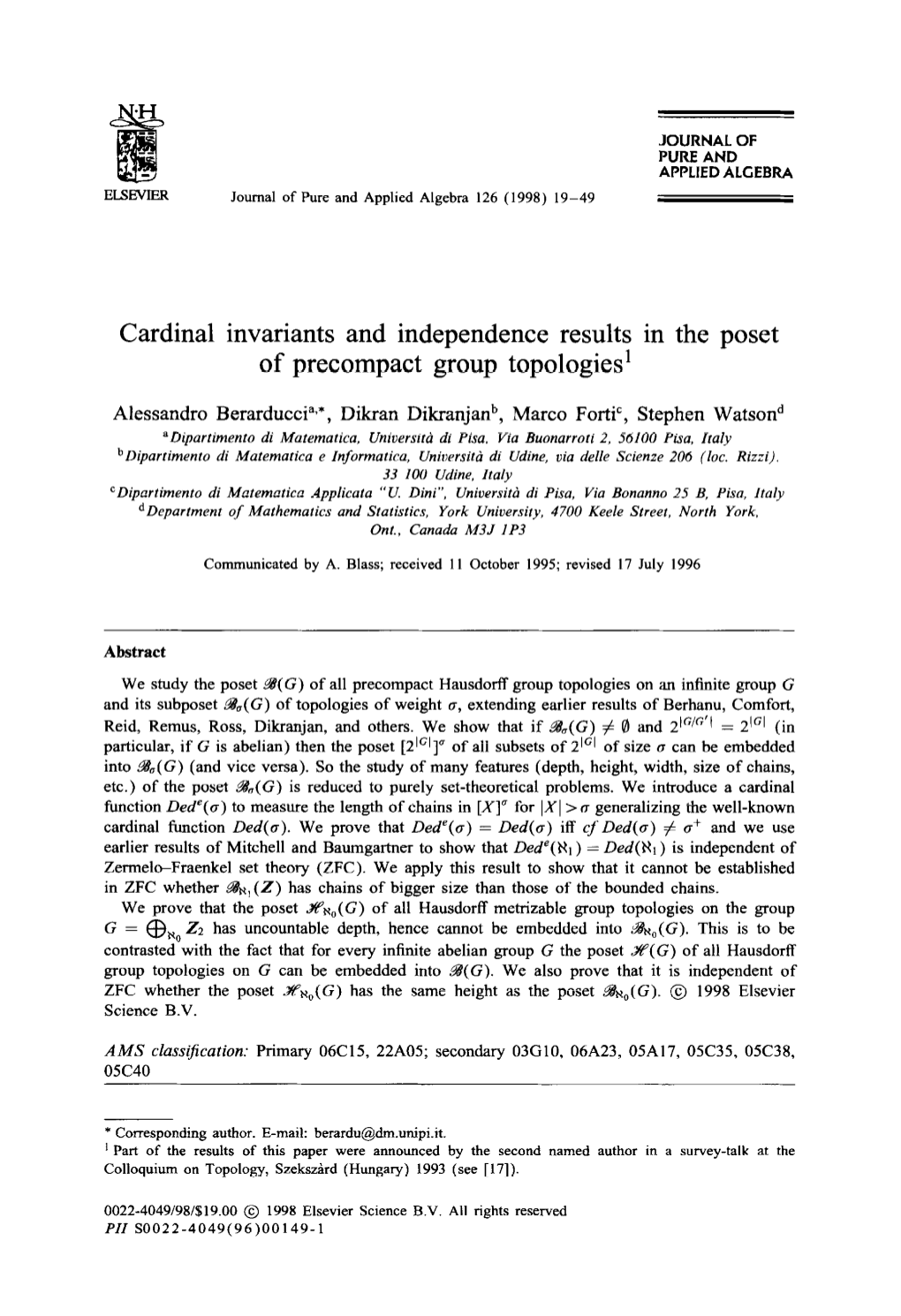 Cardinal Invariants and Independence Results in the Poset of Precompact Group Topologies’