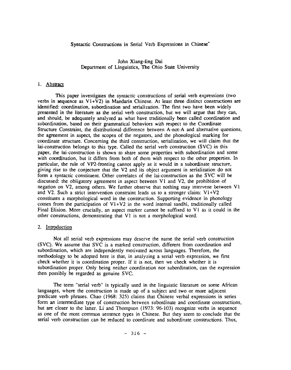 Syntactic Constructions in Serial Verb Expressions in Chinese• John