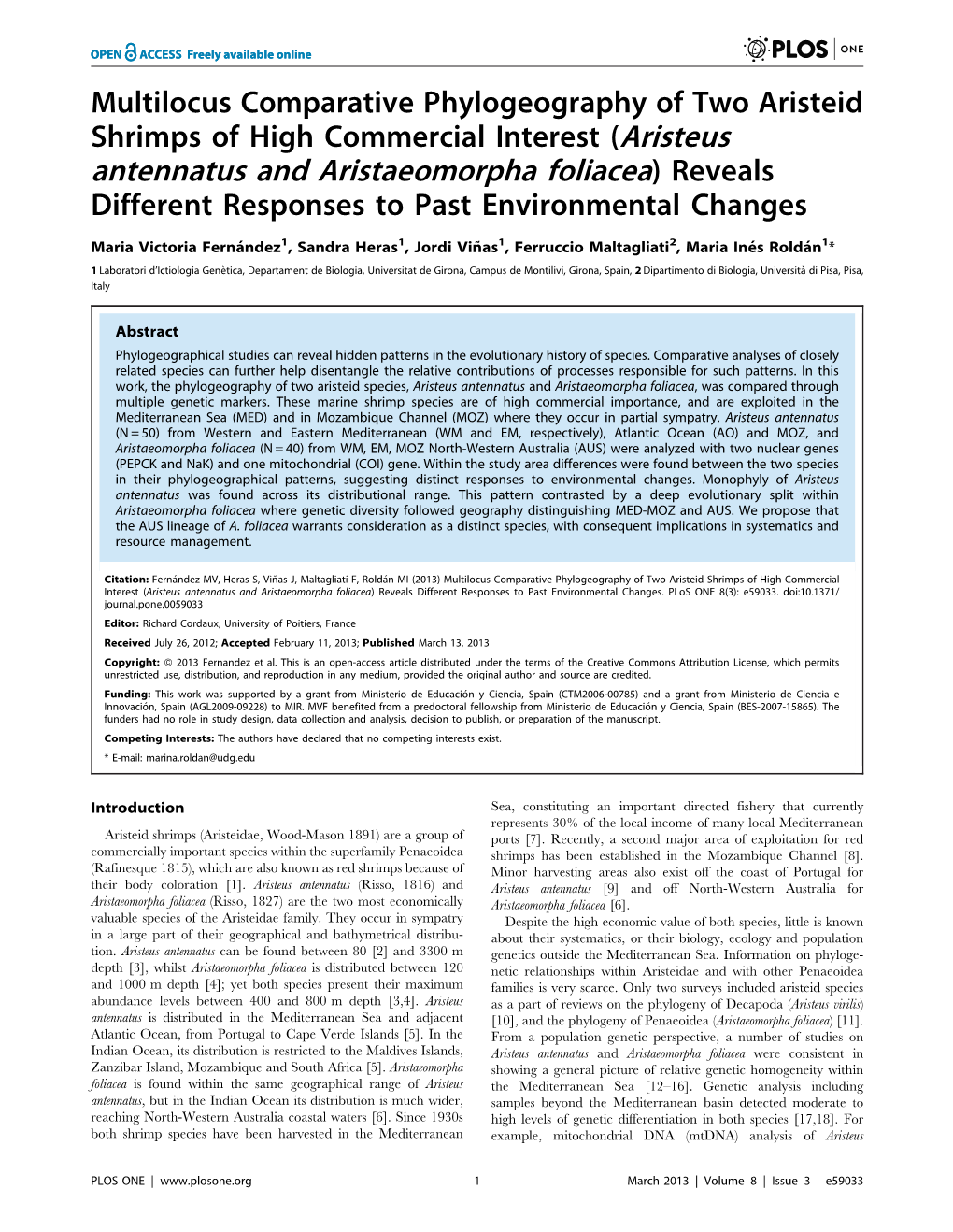 (Aristeus Antennatus and Aristaeomorpha Foliacea) Reveals Different Responses to Past Environmental Changes