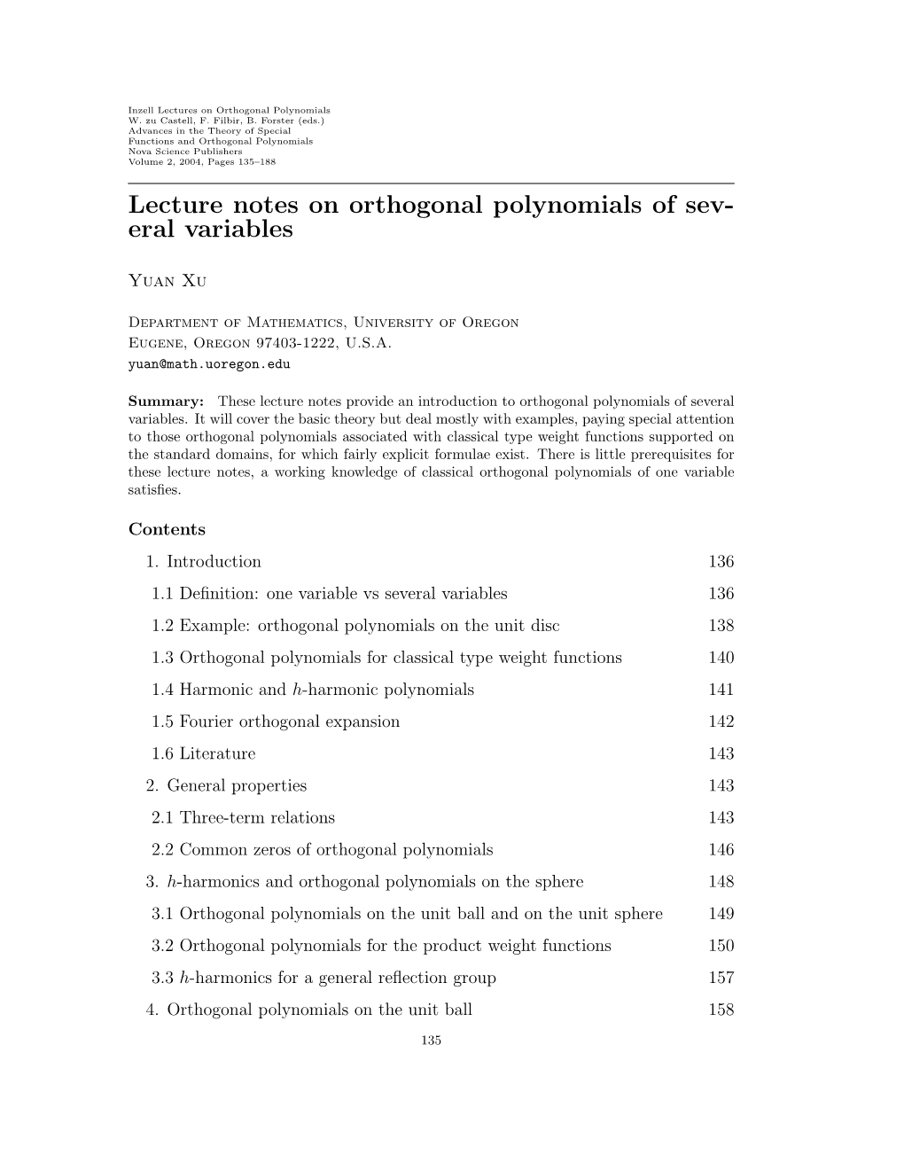 Lecture Notes on Orthogonal Polynomials of Sev- Eral Variables