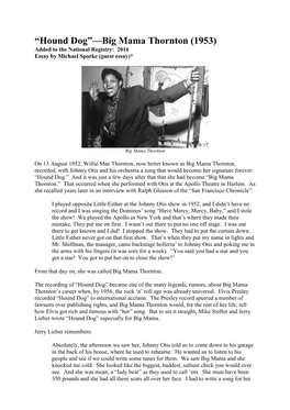 Hound Dog”—Big Mama Thornton (1953) Added to the National Registry: 2016 Essay by Michael Sporke (Guest Essay)*