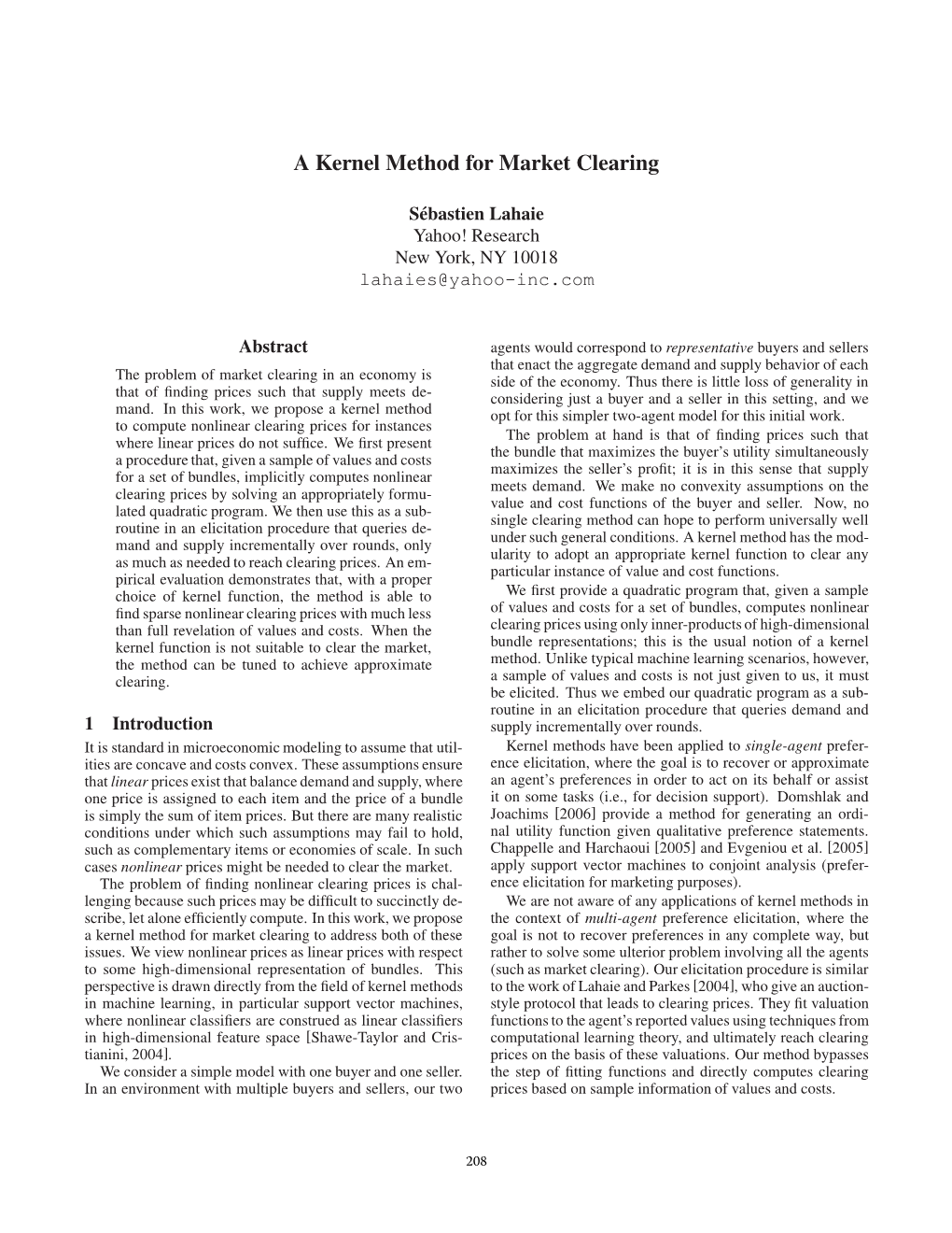 A Kernel Method for Market Clearing