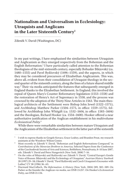 Nationalism and Universalism in Ecclesiology: Utraquists and Anglicans in the Later Sixteenth Century1