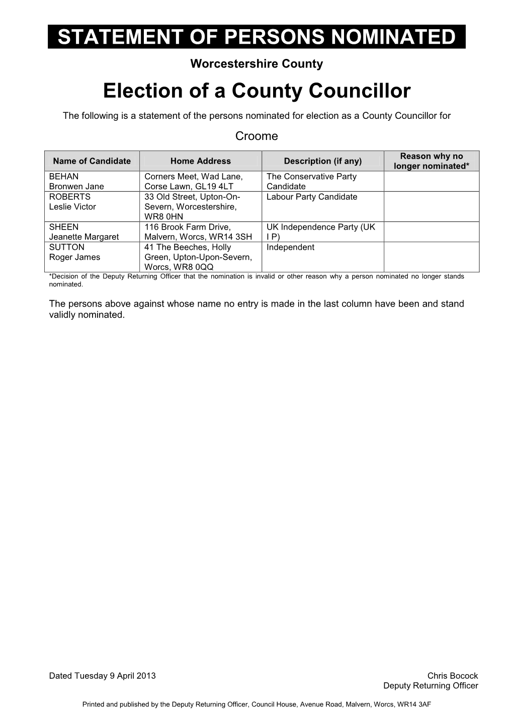 STATEMENT of PERSONS NOMINATED Election of a County