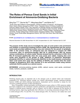 The Roles of Porous Coral Sands in Initial Enrichment of Ammonia-Oxidizing Bacteria