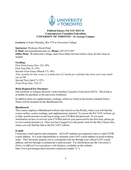 Political Science 316 Y1Y 2015-16 Contemporary Canadian Federalism UNIVERSITY of TORONTO – St
