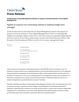 Press Release: Credit Suisse's Asset Management Division to Acquire Minority Interest in York Capital Management
