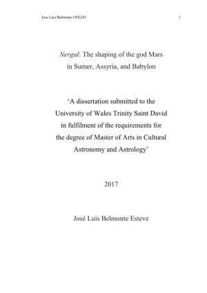 Nergal: the Shaping of the God Mars in Sumer, Assyria, and Babylon 'A Dissertation Submitted to the University of Wales Trini