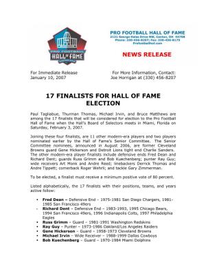 17 Finalists for Hall of Fame Election