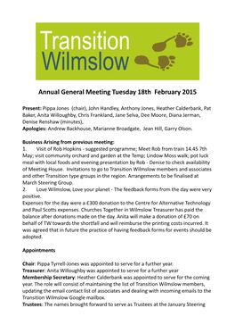 Annual General Meeting Tuesday 18Th February 2015
