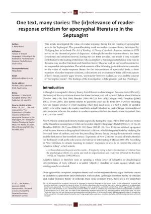 The (Ir)Relevance of Reader- Response Criticism for Apocryphal Literature in the Septuagint