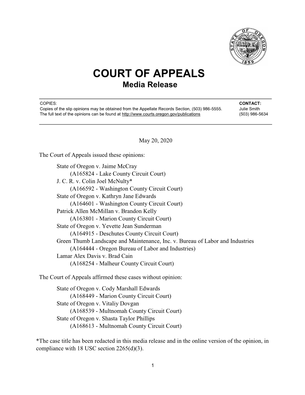 COURT of APPEALS Media Release