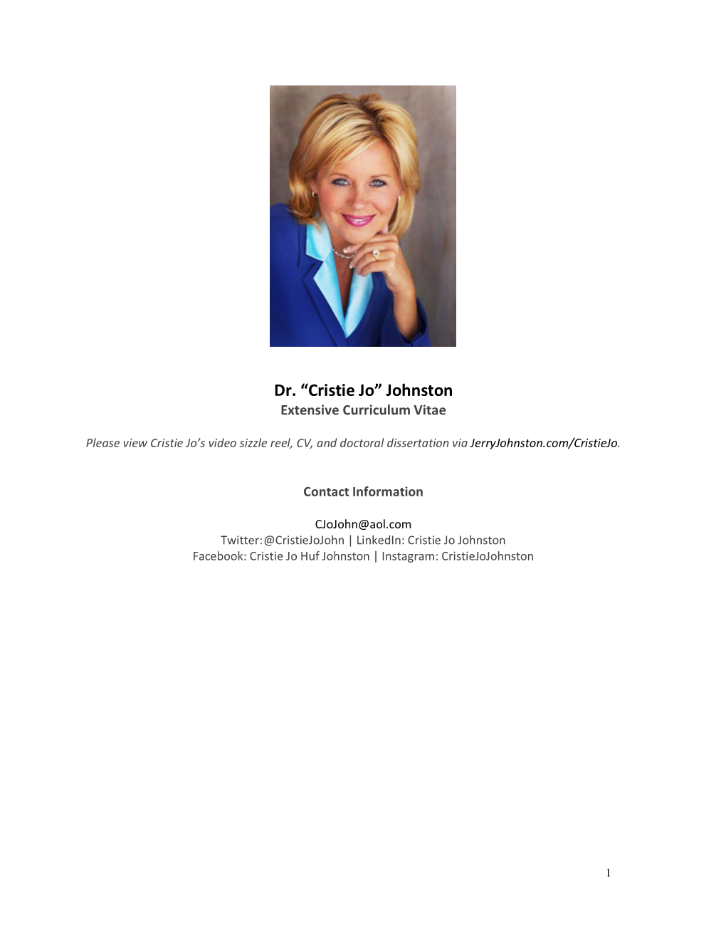 Cristie Jo” Johnston Extensive Curriculum Vitae