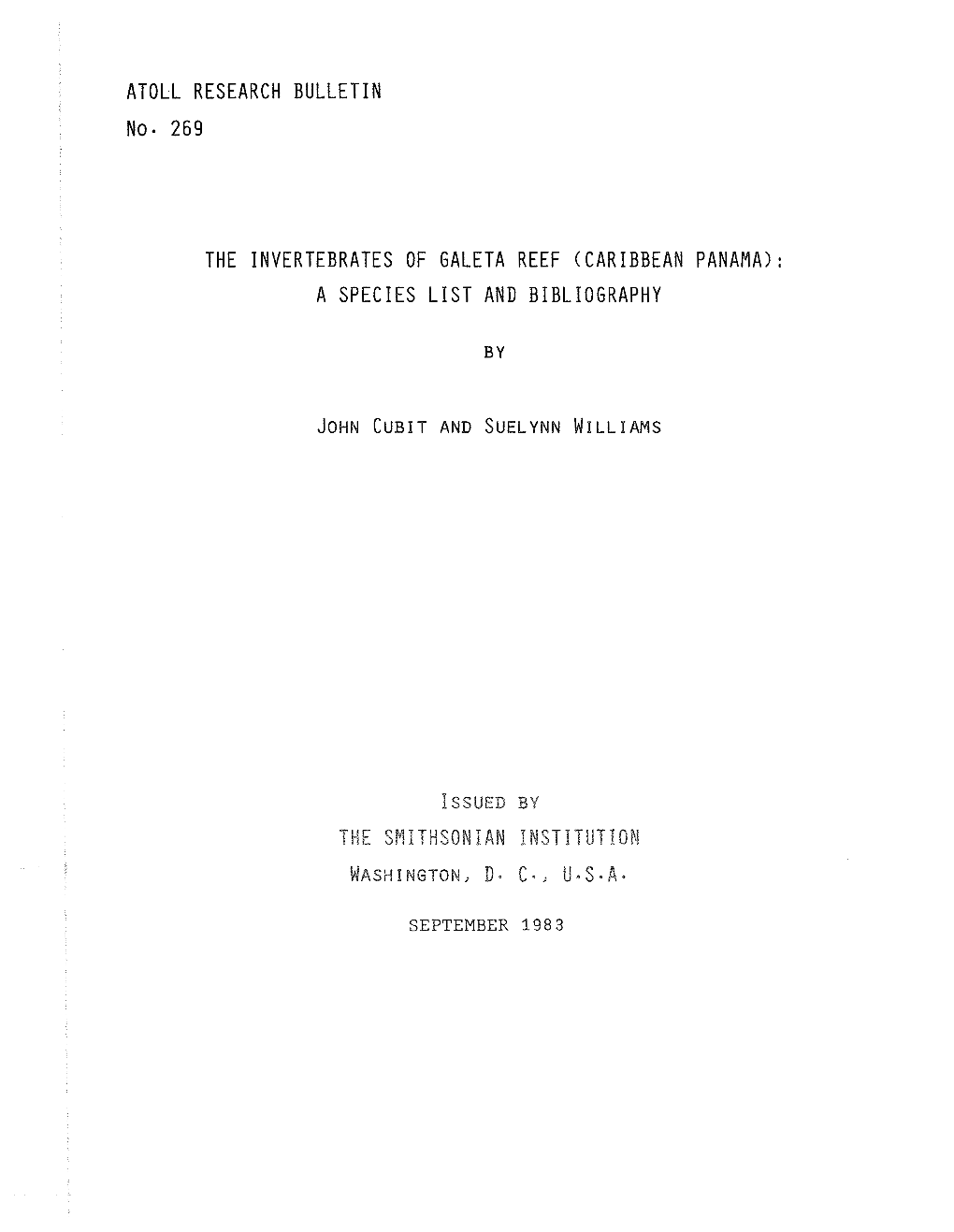 Atoll Research Bulletin No* 269 the Invertebrates Of