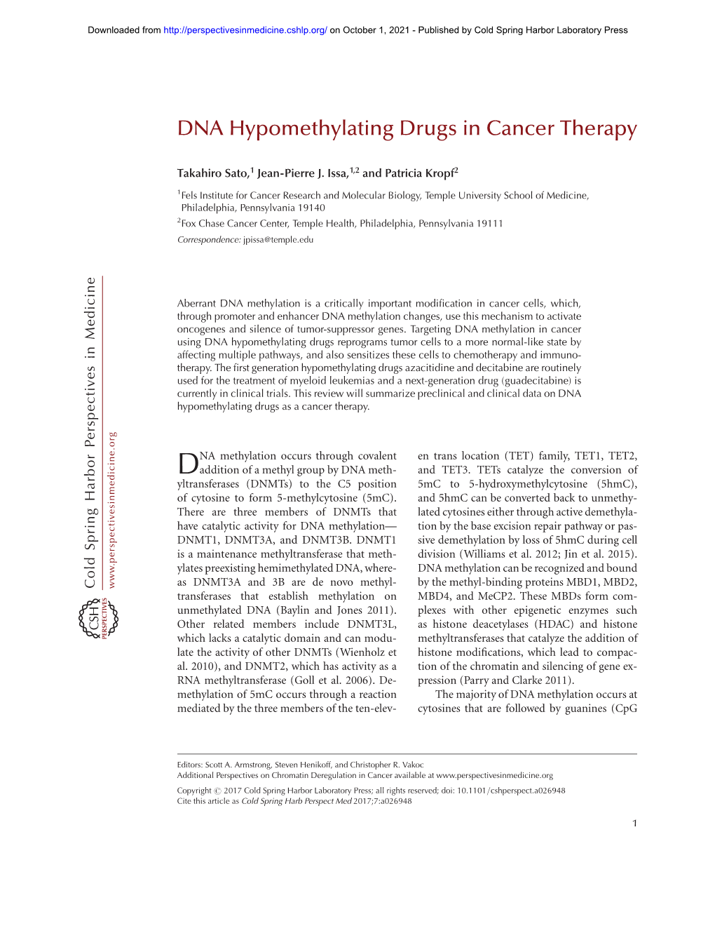 DNA Hypomethylating Drugs in Cancer Therapy
