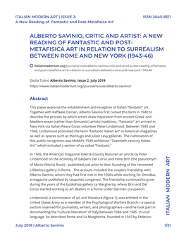 Alberto Savinio, Critic and Artist: a New Reading of Fantastic and Post- Metafisica Art in Relation to Surrealism Between Rome and New York (1943-46)
