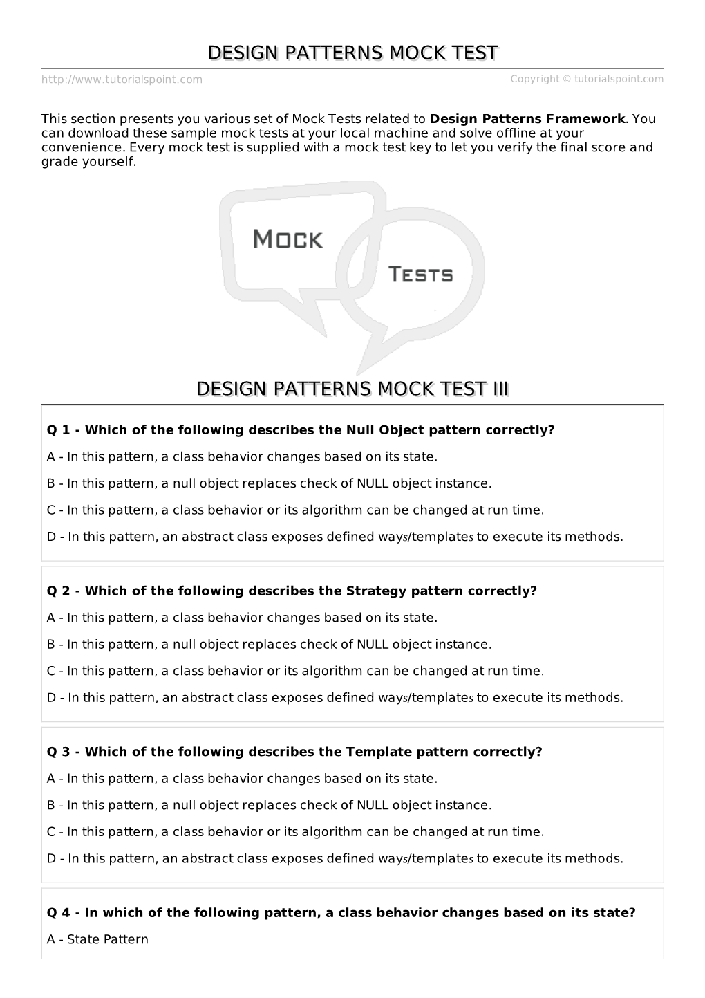 Design Patterns Mock Test