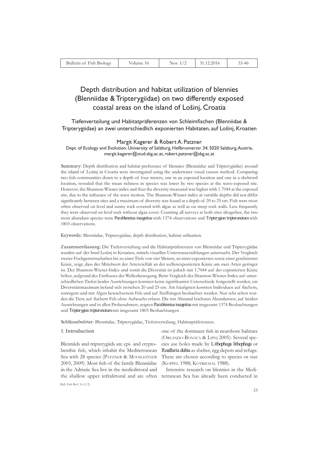 Depth Distribution and Habitat Utilization of Blennies (Blenniidae & Tripterygiidae) on Two Differently Exposed Coastal Areas on the Island of Lošinj, Croatia