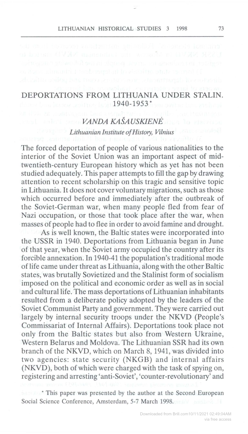 Deportations from Lithuania Under Stalin. 1940-1953*