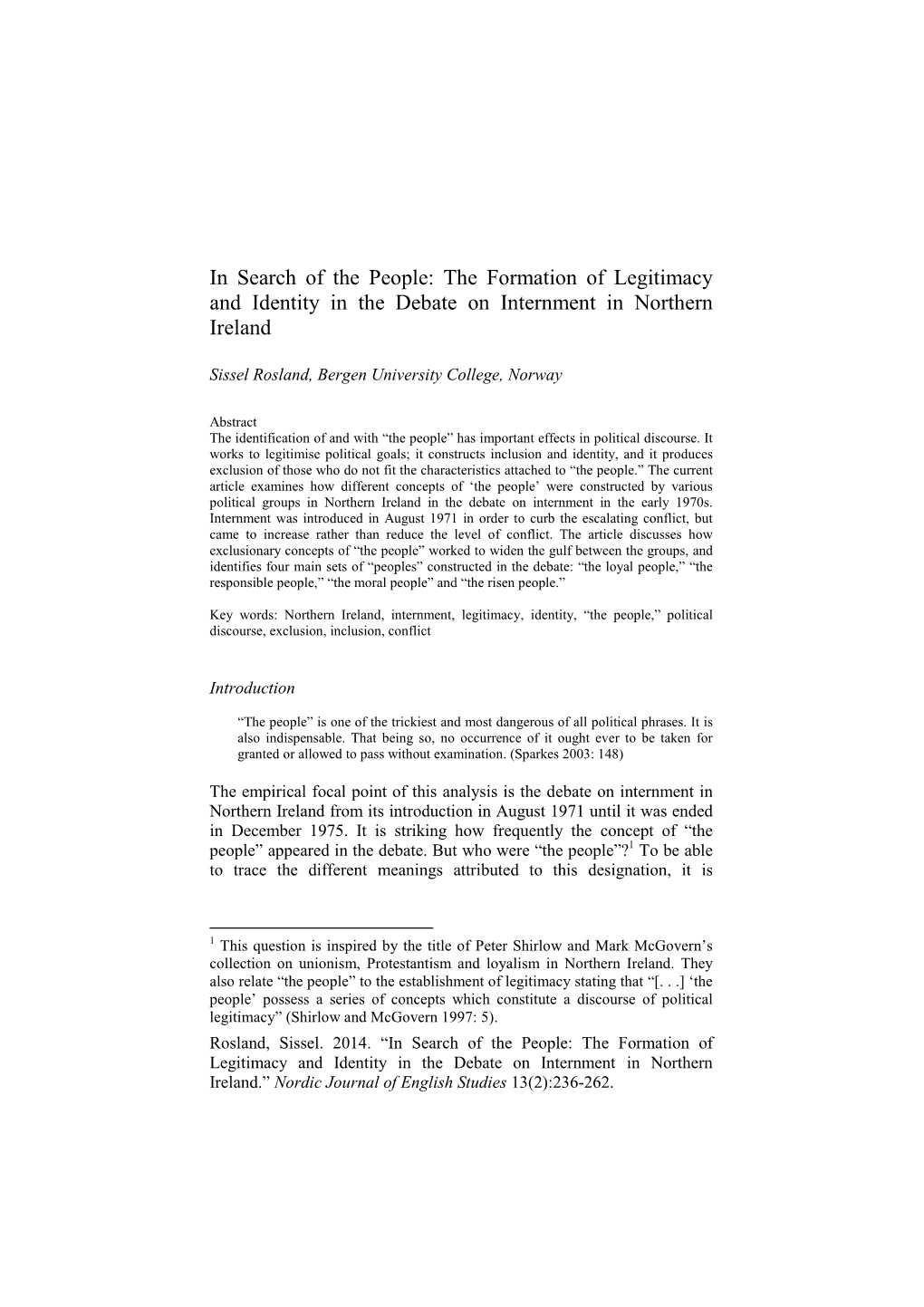 The Formation of Legitimacy and Identity in the Debate on Internment in Northern Ireland