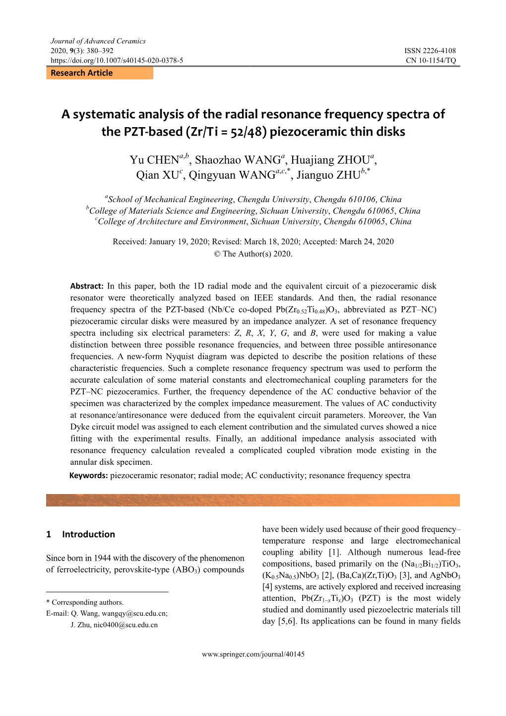 A Systematic Analysis of the Radial Resonance Frequency Spectra of the PZT-Based (Zr/Ti = 52/48) Piezoceramic Thin Disks