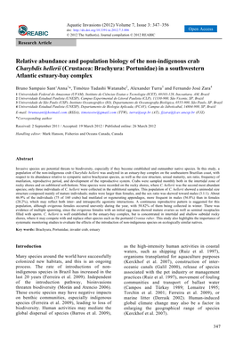 Relative Abundance and Population Biology of the Non-Indigenous Crab Charybdis Hellerii (Crustacea: Brachyura: Portunidae) in A