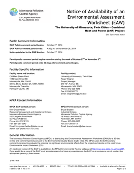 The University of Minnesota, Twin Cities – Combined Heat and Power (CHP) Project Doc Type: Public Notice