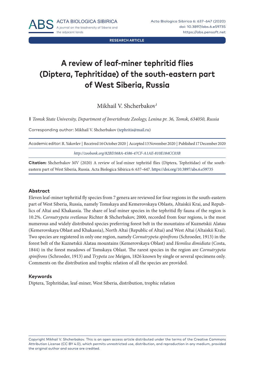 Diptera, Tephritidae) of the South-Eastern Part of West Siberia, Russia