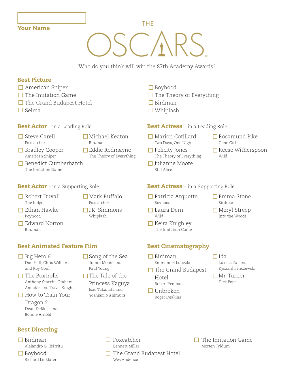 Best Picture Best Directing Best Animated Feature Film Best Cinematography Your Name