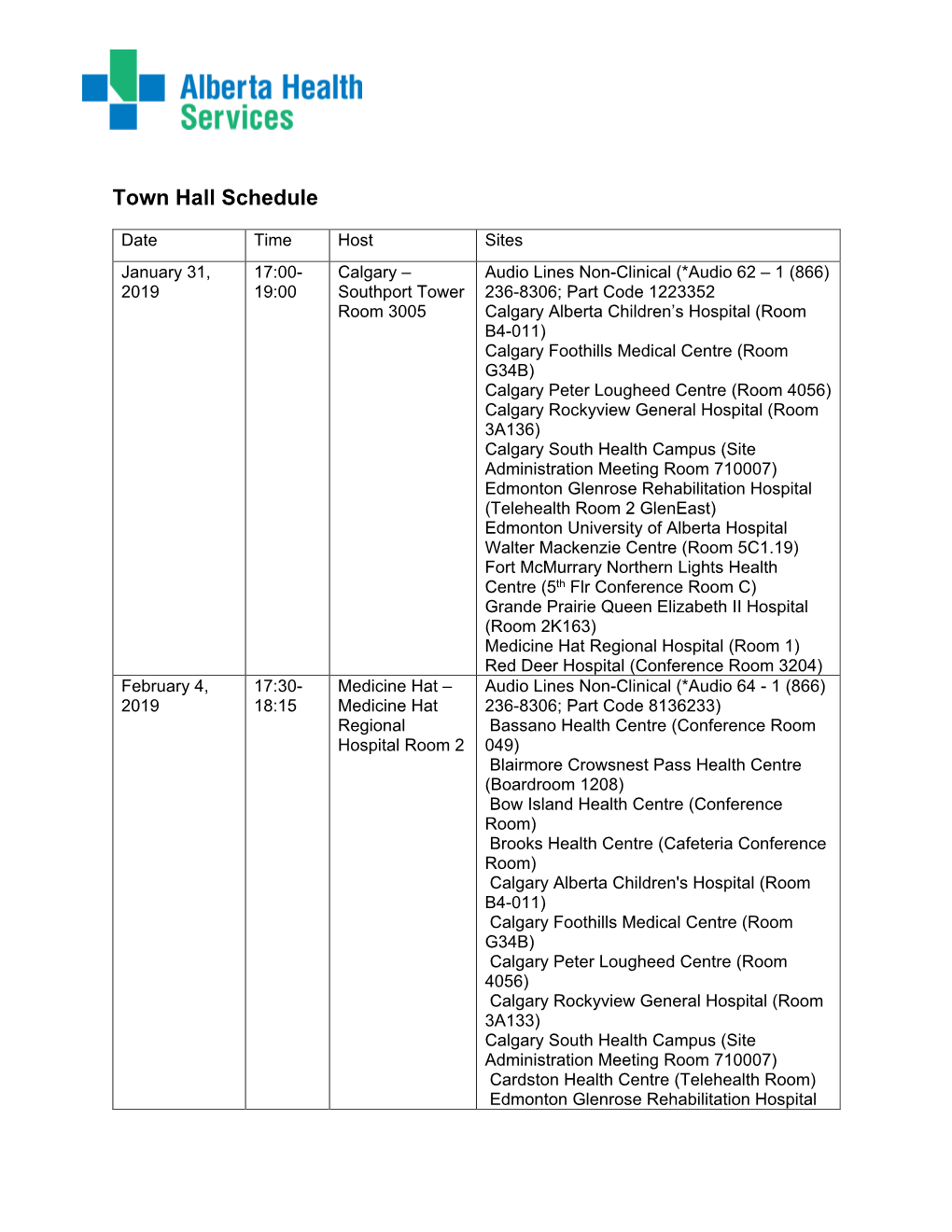 Town Hall Schedule