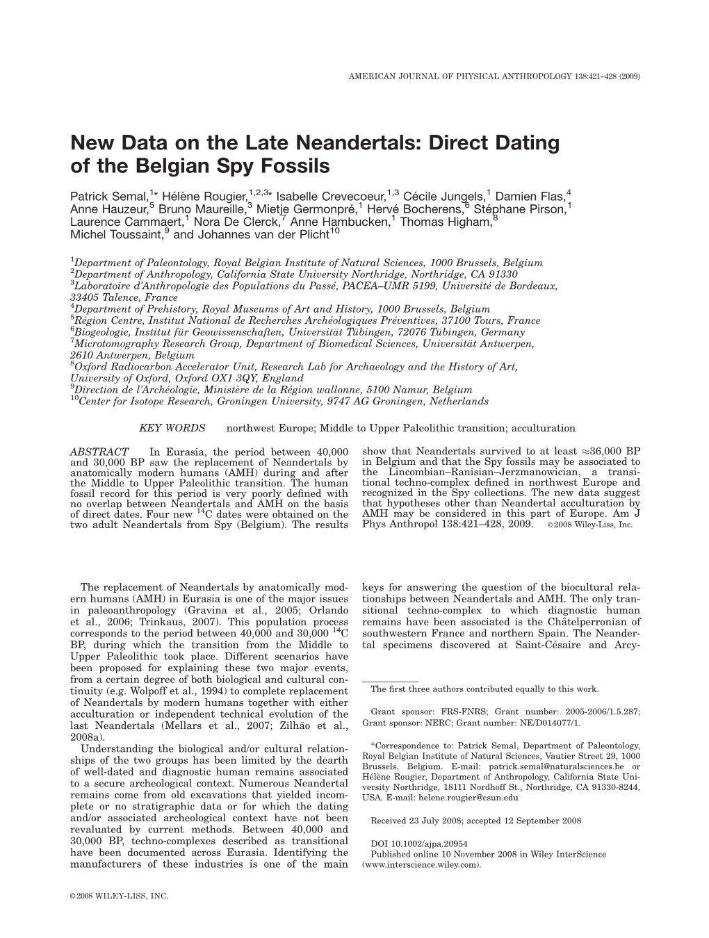 New Data on the Late Neandertals: Direct Dating of the Belgian Spy Fossils