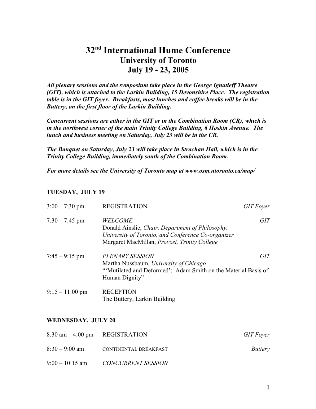Provisional Schedule, 32Nd Hume Society Conference, July 19-23 2005