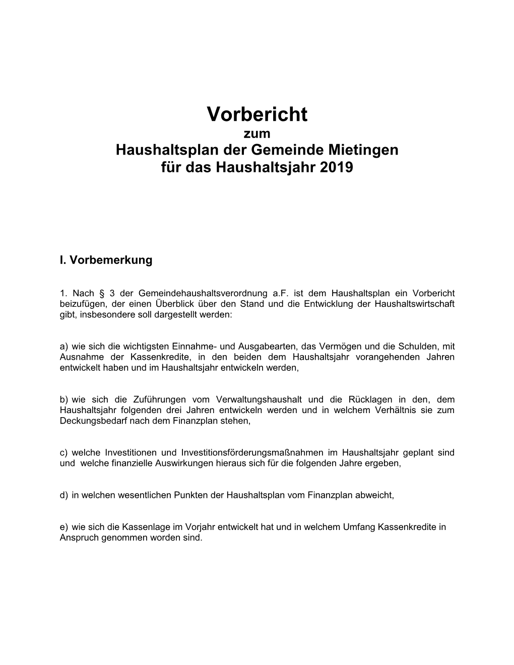 Vorbericht Zum Haushaltsplan Der Gemeinde Mietingen Für Das Haushaltsjahr 2019