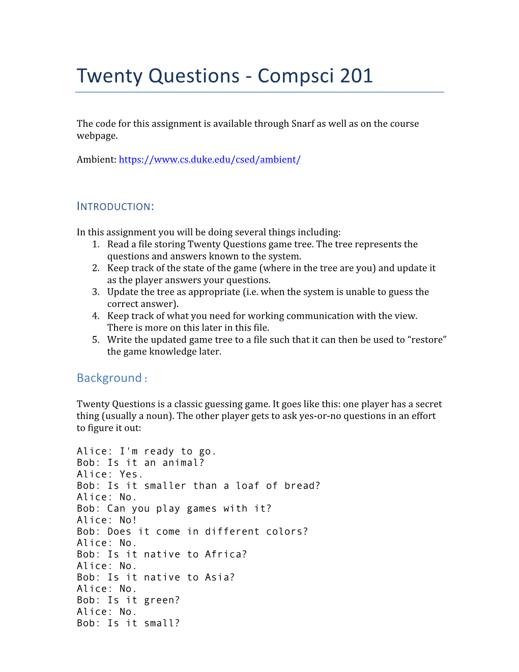 Twenty Questions - Compsci 201